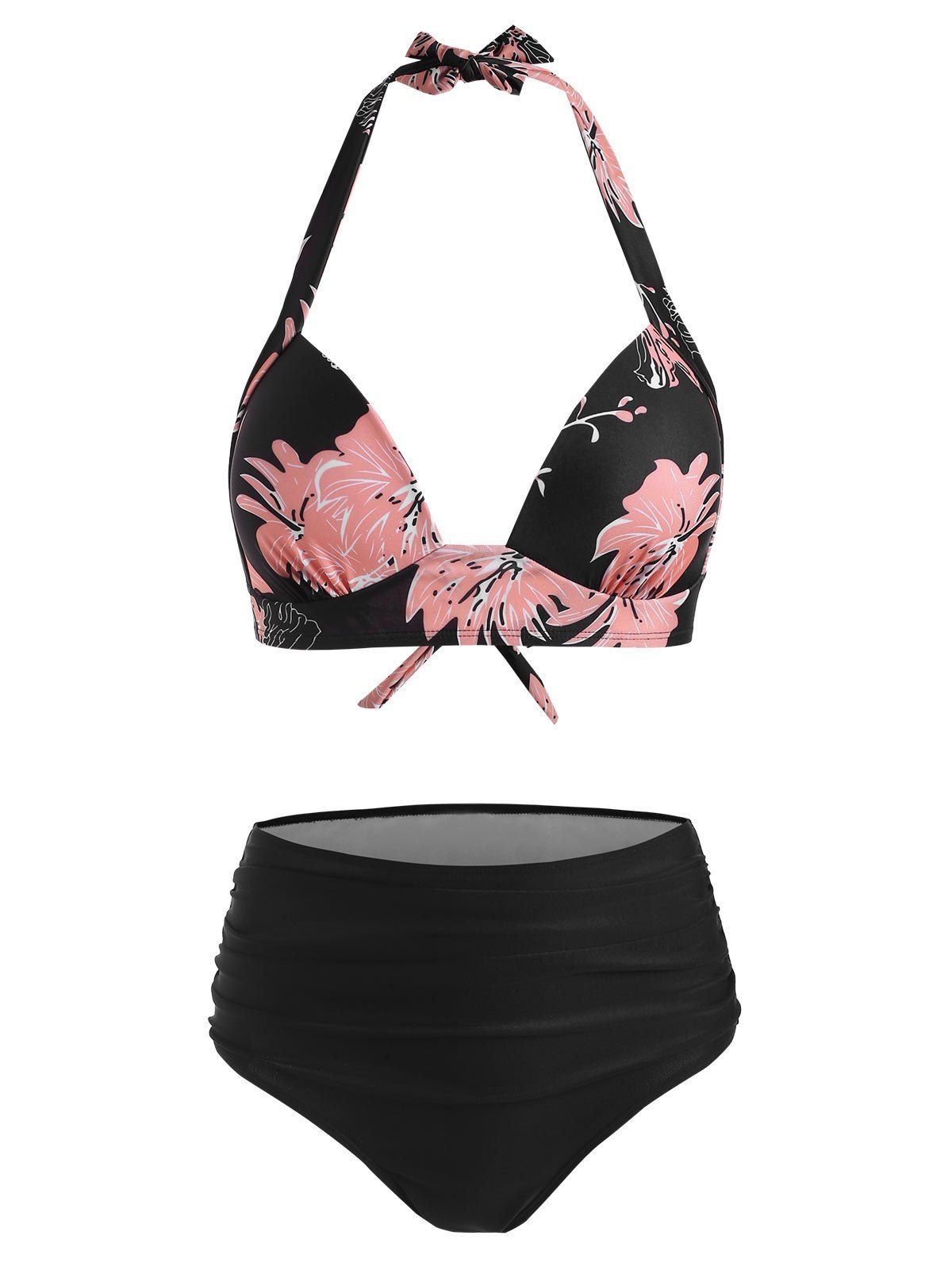 

Halter Tie Printed High Rise Bikini Swimsuit, Black
