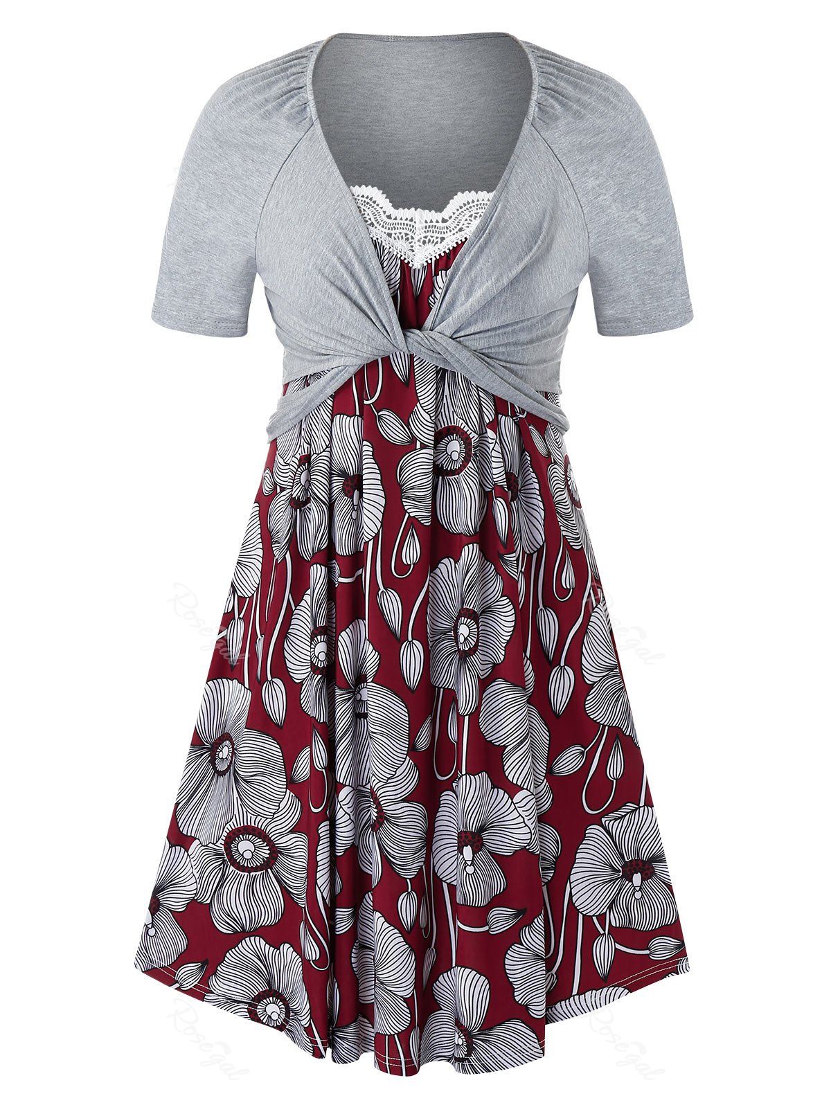 

Plus Size Twist Wrap Top and Floral Cami Dress Set, Dark gray