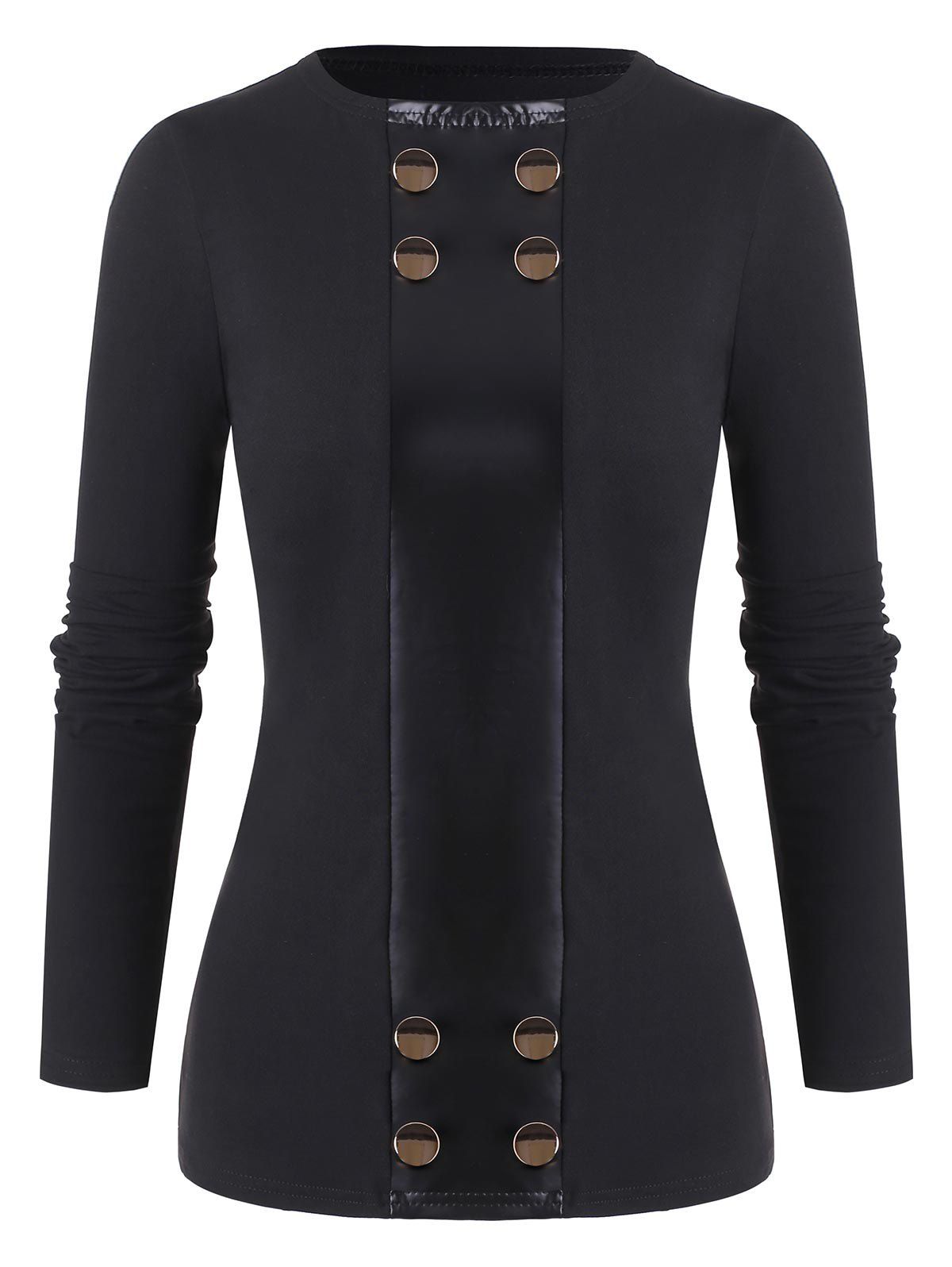 

Faux Leather Panel Mock Buttons Solid Top, Black