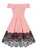 Off the Shoulder Lace Insert Mock Button Flare Dress -  