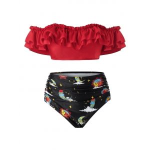 

Plus Size Ruffle Off Shoulder Sun Moon Print Bikini Swimsuit, Red