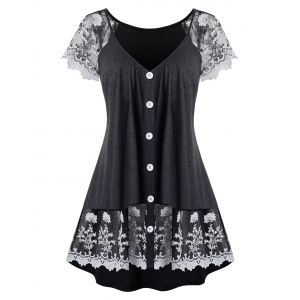 

Plus Size Floral Lace Insert Button T Shirt, Black