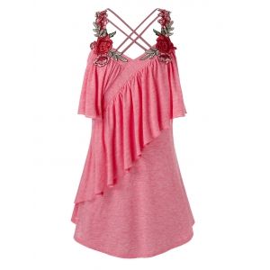 

Plus Size Crisscross Applique Ruffled Tank Top, Light pink