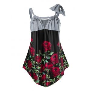 

Plus Size Rose Print Bowknot Keyhole Tank Top, Gray