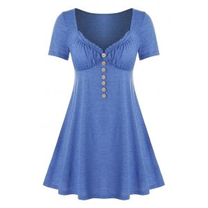 

Plus Size Mock Button Frilled Sweetheart Neck Tunic Tee, Cornflower blue