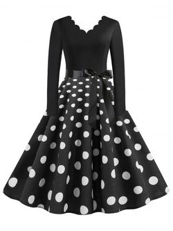 Scalloped Trim Polka Dot Plus Size Belted Rockabilly Dress - BLACK - 4X