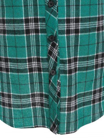 

Plaid Print Double Pockets Lace Insert Shirt, Sea green