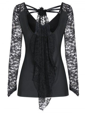 

V Neck Lace Panel Gothic T Shirt, Black