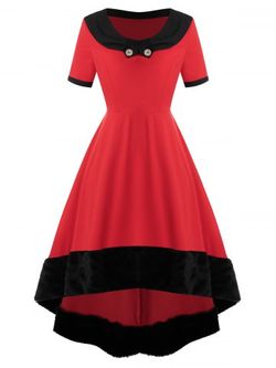 Plus Size High Low Faux Fur Midi Party Dress - RED - L