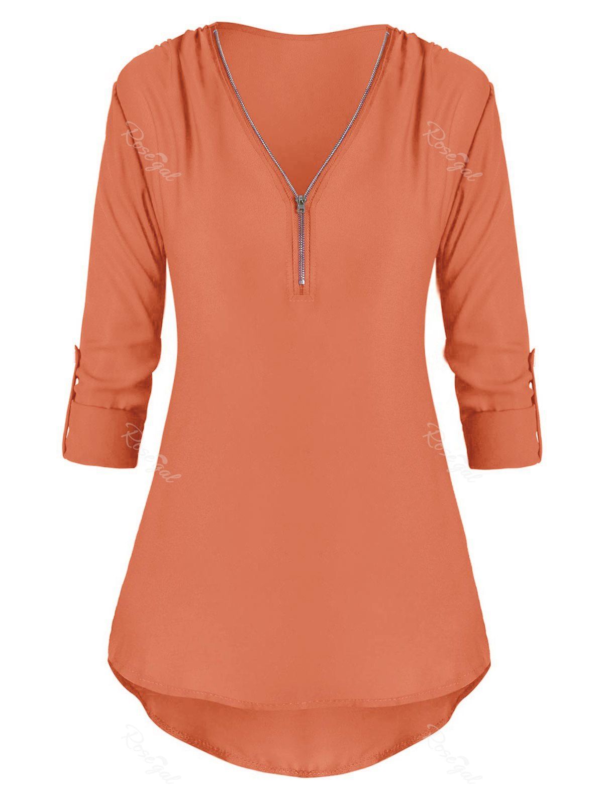 

Tab Sleeve Half Zip High Low Plus Size Blouse, Tangerine