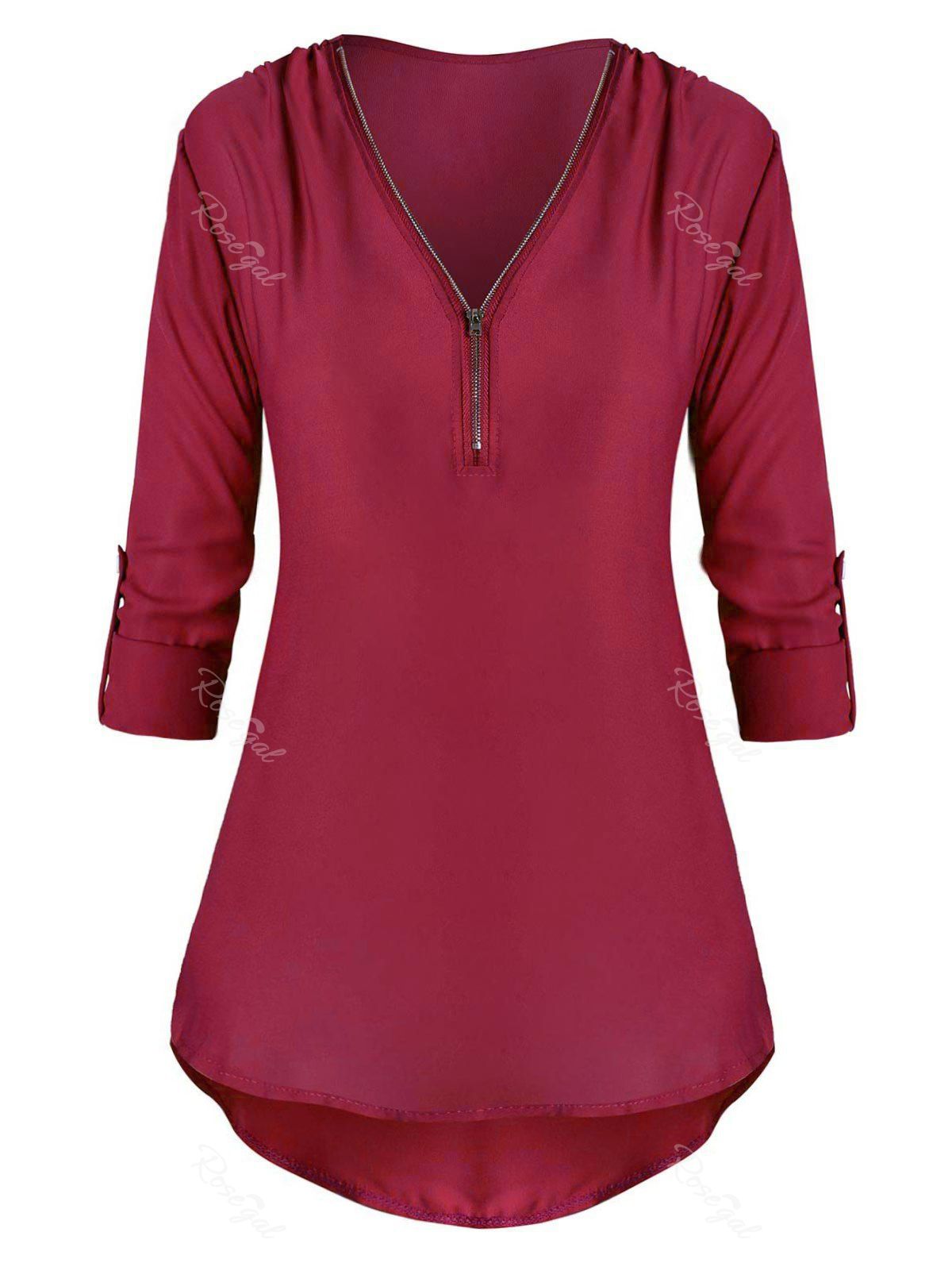 

Tab Sleeve Half Zip High Low Plus Size Blouse, Red wine