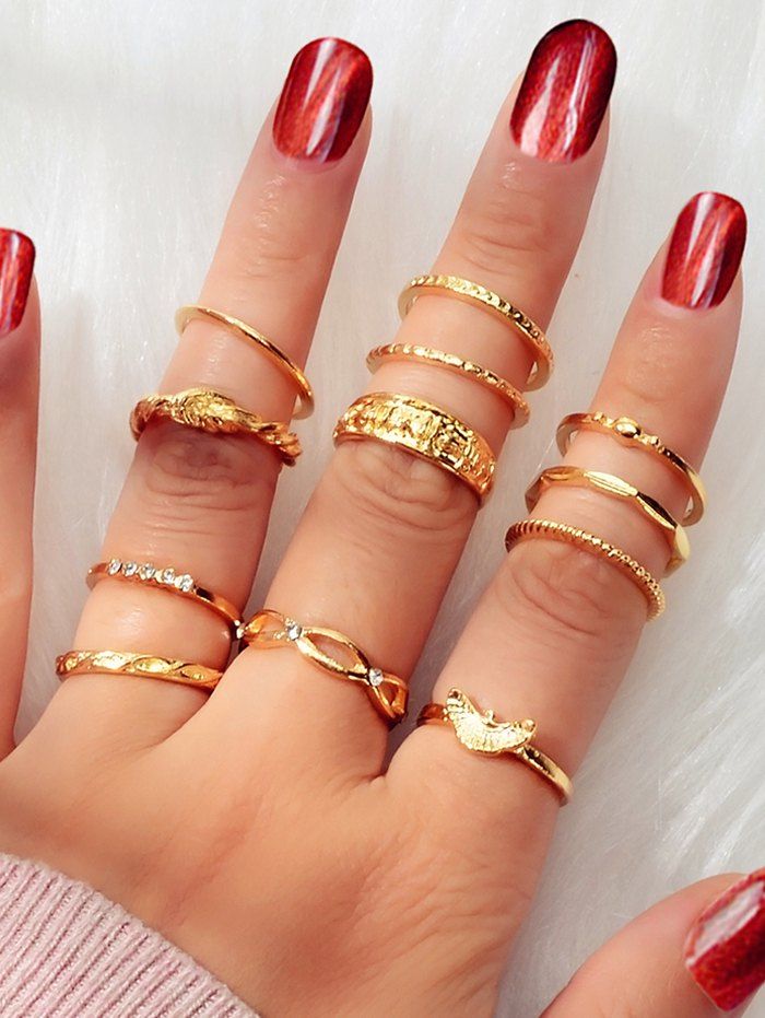 

12Pcs Brief Twist Carved Ring Set, Gold