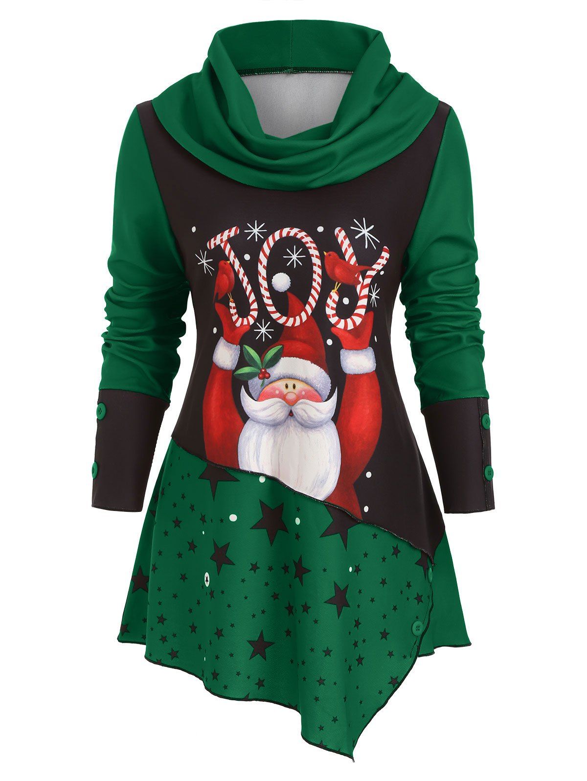 

Cowl Neck Santa Claus Mock Buttons Christmas Top, Green