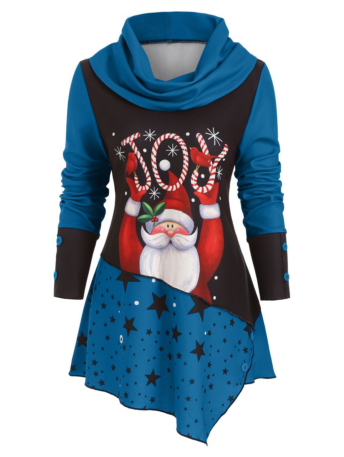 

Cowl Neck Santa Claus Mock Buttons Christmas Top, Blue