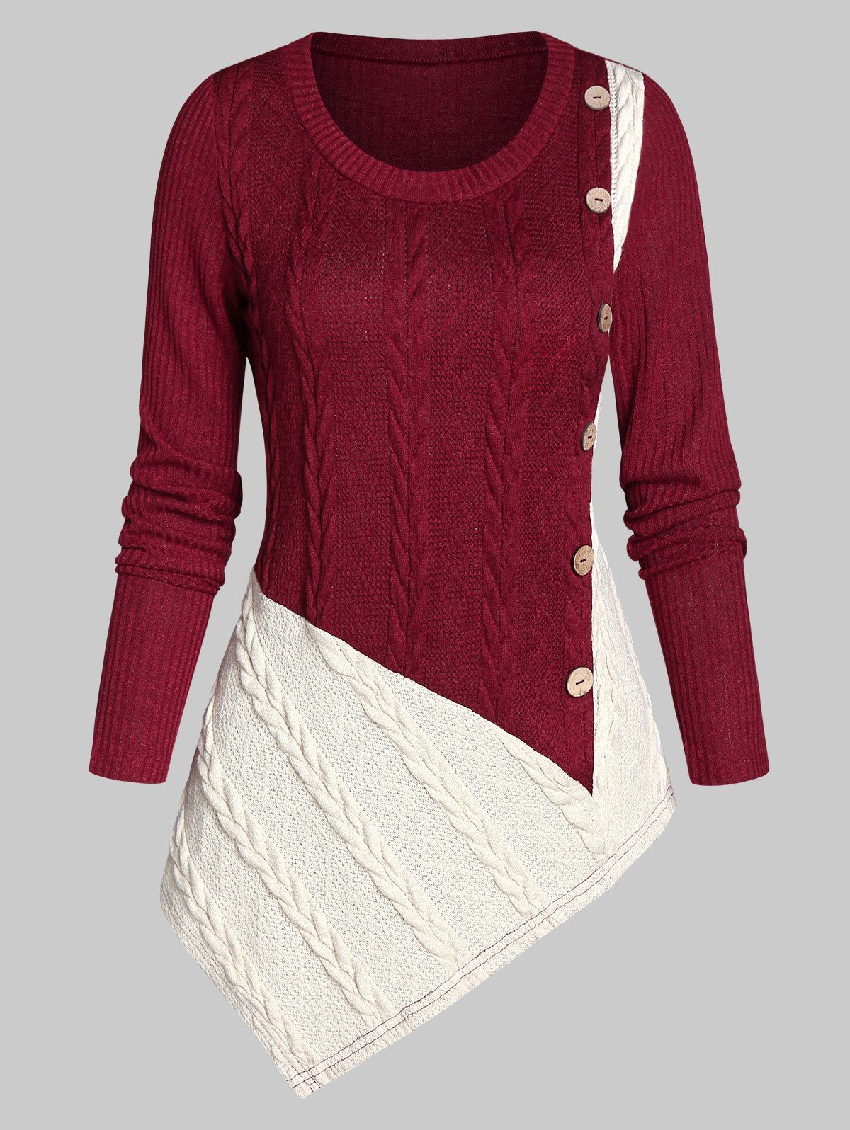 

Mock Button Cable Knit Contrast Asymmetric Sweater, Red wine