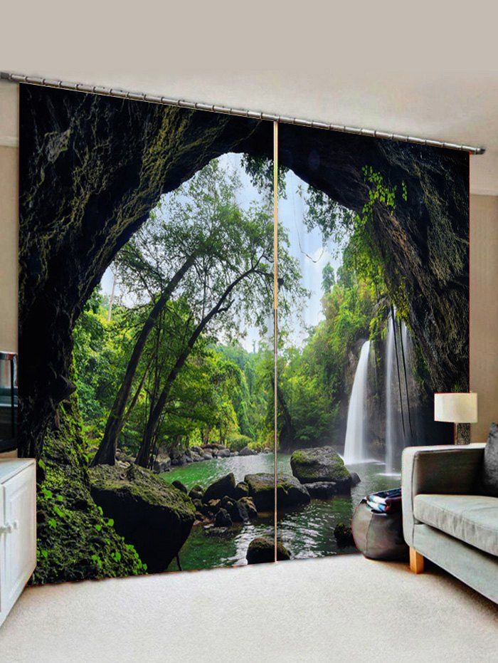 

2 Panels Forest Waterfall Cave Print Window Curtains, Medium forest green