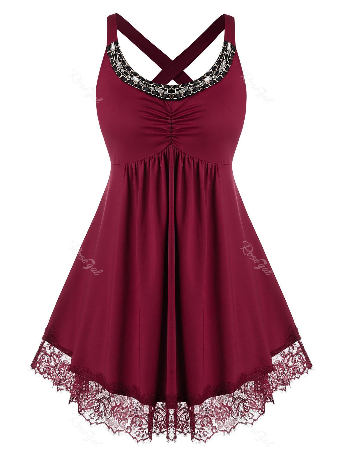 

Plus Size Lace Panel Cross Chains Rhinestone Tunic Tank Top, Red wine