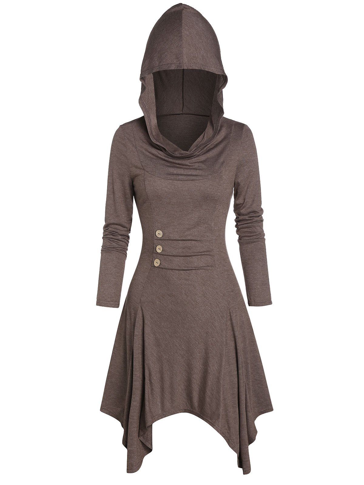 

Hooded Button Ruched Handkerchief Casual Dress, Coffee