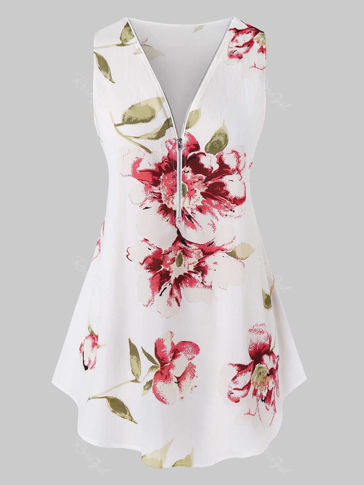 

Plus Size Floral Print Half Zipper Tank Top, White