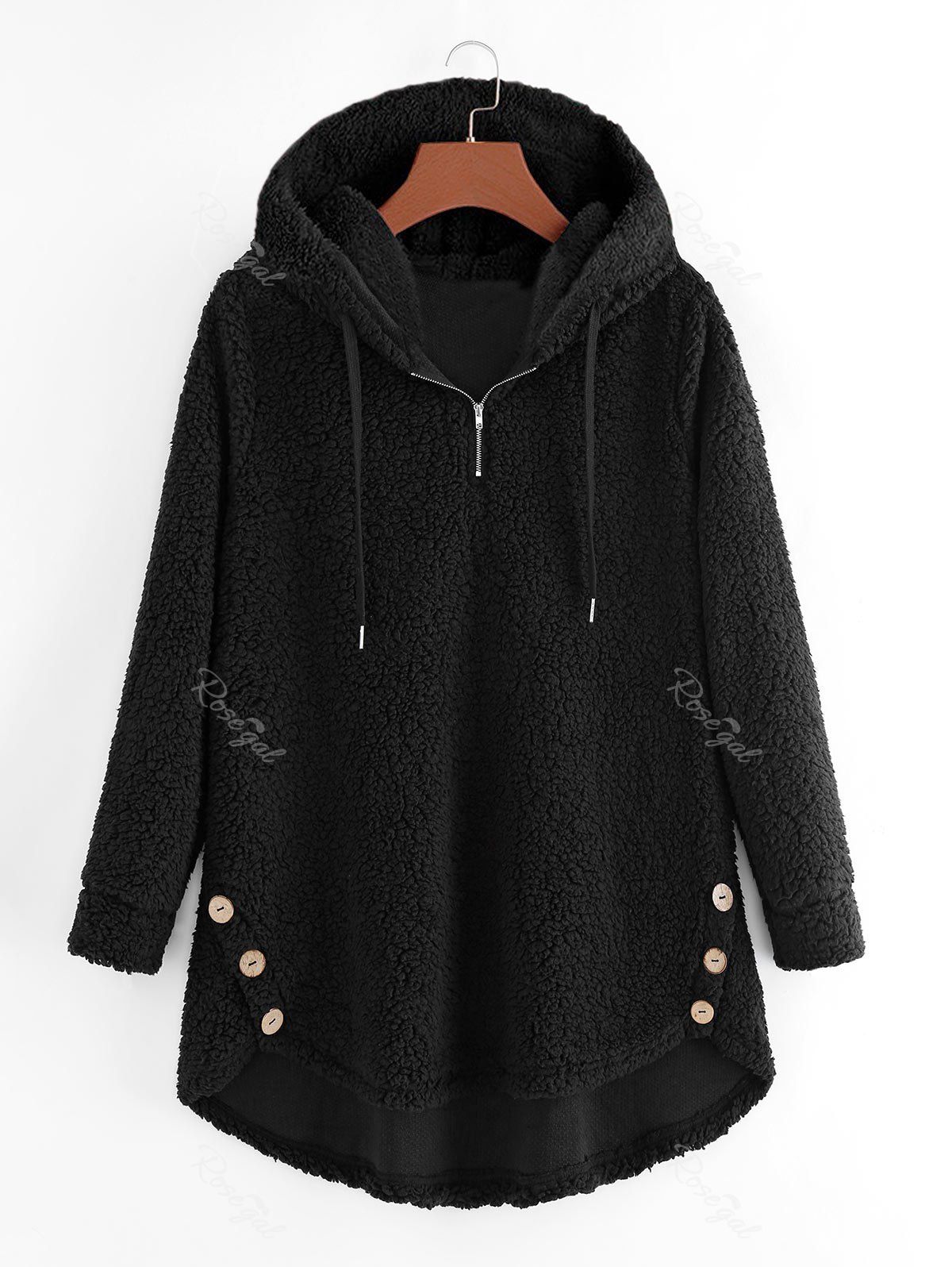 

Plus Size Teddy Hooded Button Zipper Sweater, Black