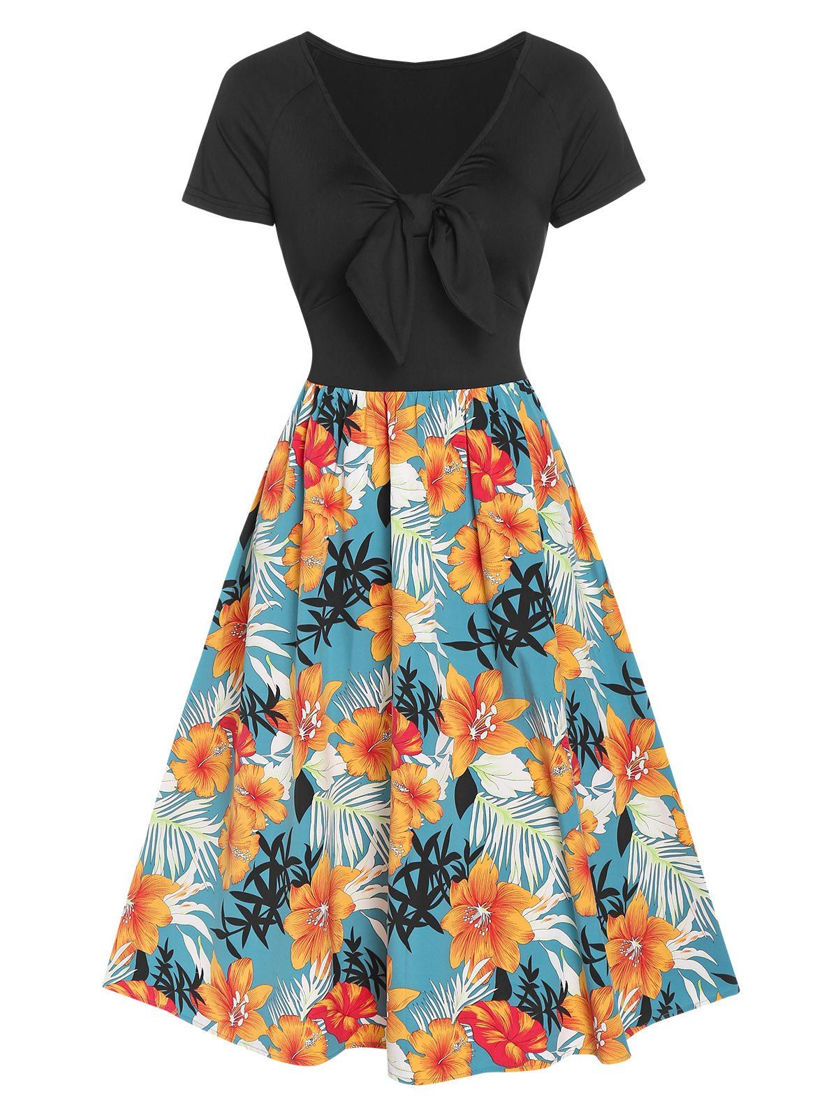 

Plunge Neck Flower Print Knotted Flare Dress, Black