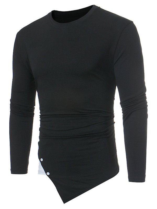 

Color Spliced Button Decorated Casual T-shirt, Black