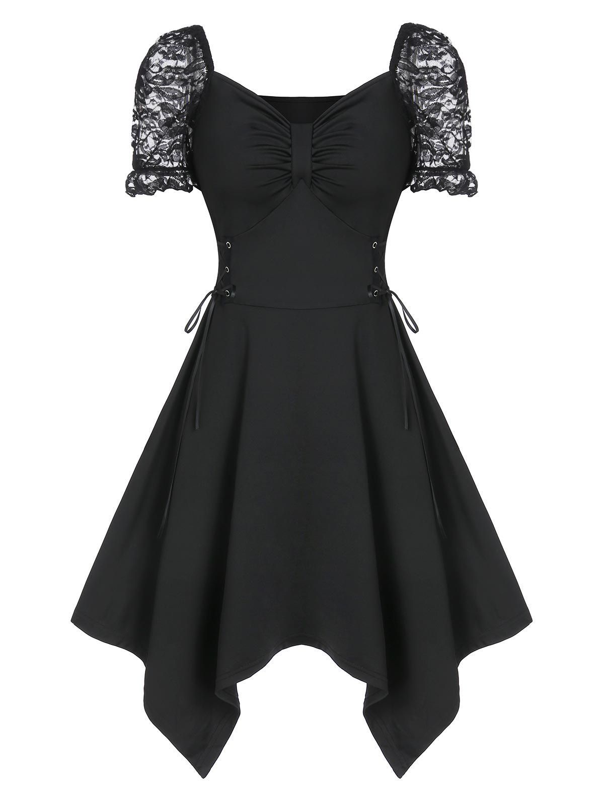 

Sweetheart Neck Ruched Lace Up Asymmetrical Dress, Black
