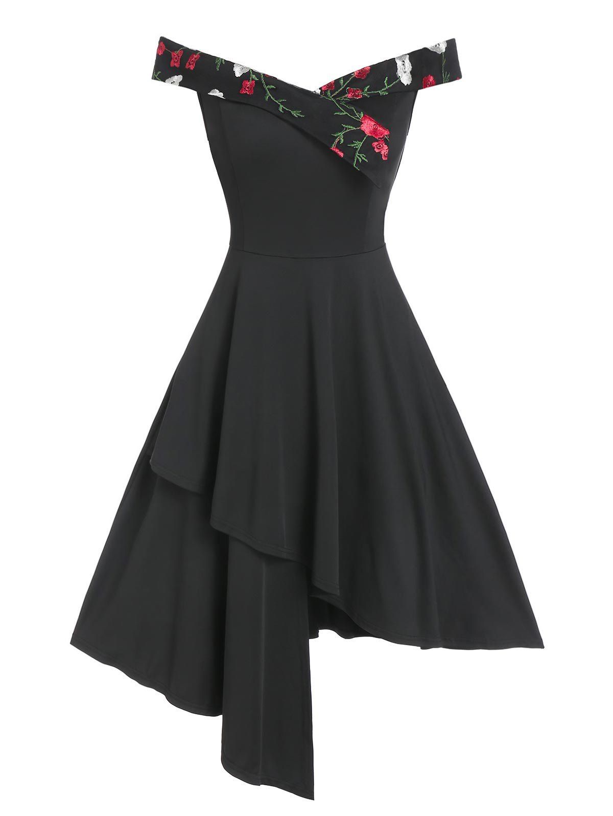 

Off Shoulder Floral Embroidery Asymmetrical Dress, Black