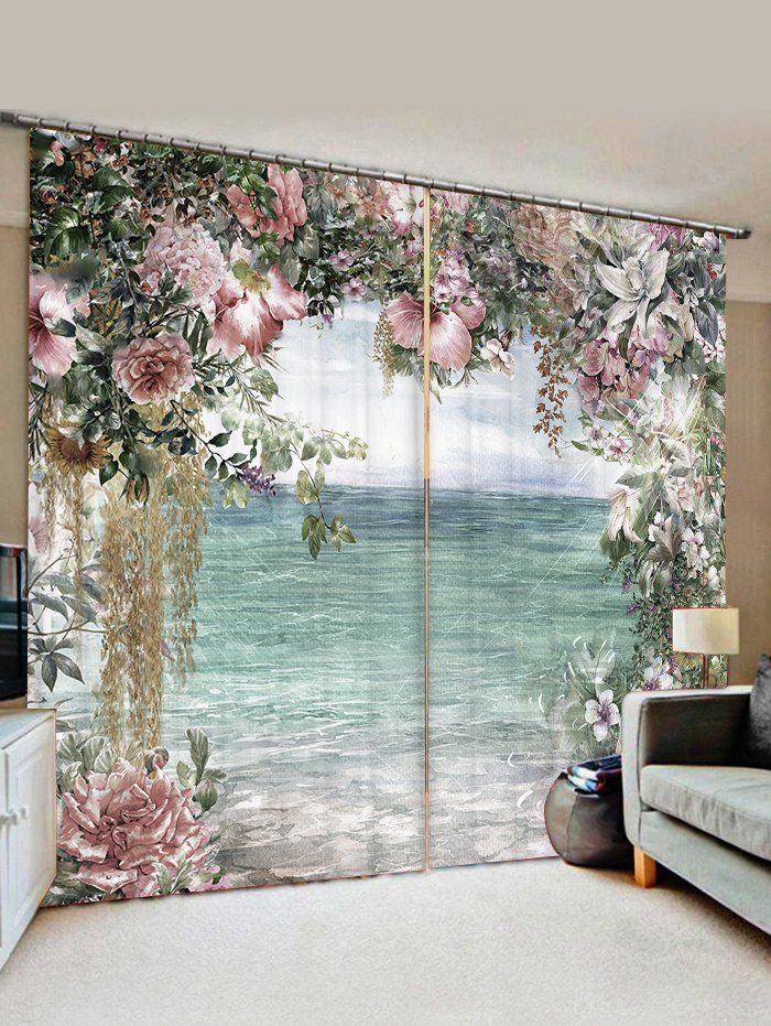

2 Panels Valentine Flowers Ocean Print Window Curtains, Coral blue