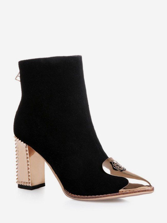 

Metallic Trim High Heel Suede Short Boots, Black