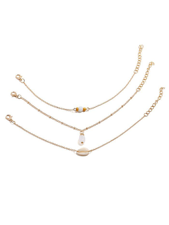 

3 Piece Shell Beaded Chain Anklet Set, Gold