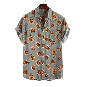 

Flower Print Short Sleeve Button Shirt, Camouflage green