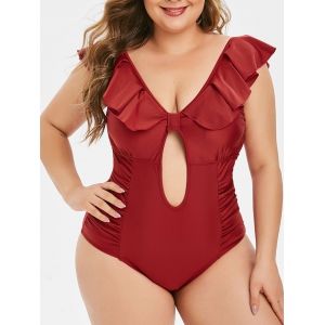 

Plus Size Flounce Ruched Low Back Tied Plunge Swimsuit, White