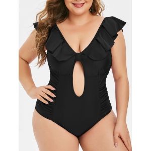 

Plus Size Flounce Ruched Low Back Tied Plunge Swimsuit, Black