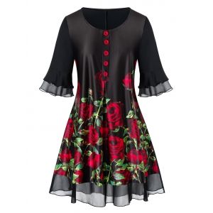 

Plus Size Flare Sleeve Rose Print Blouse, Black