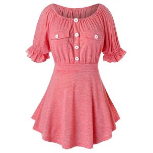 

Plus Size Mock Buttons Pockets T Shirt, Light pink