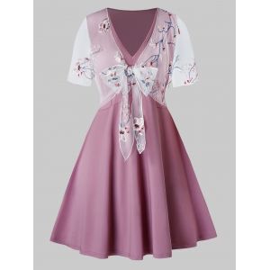 

Plus Size Mesh Sheer Embroidered Bowknot A Line Tunic Tee, Wisteria purple
