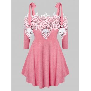 

Plus Size Guipure Lace Tie Shoulder Cold Shoulder Tunic Tee, Valentine red