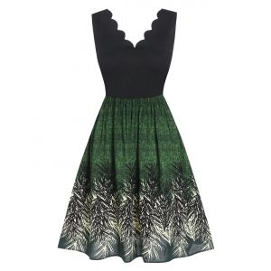 

Scalloped Leaf Print Sleeveless Flare Dress, Black