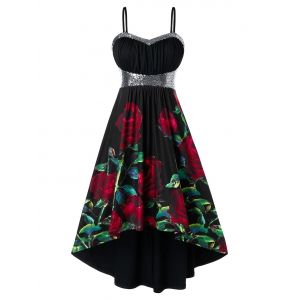 

Plus Size Floral Print Sequins High Low Dress, Black