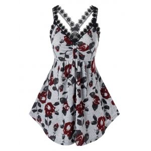 Plus Size Y Back Floral Print Tank Top, Gray cloud
