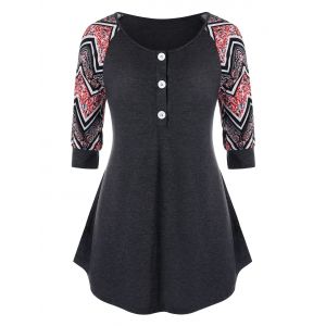 

Plus Size Tribal Print Raglan Sleeve Marled T Shirt, Gray