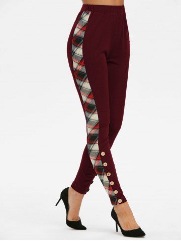 

High Waist Plaid Button Leggings, Red wine