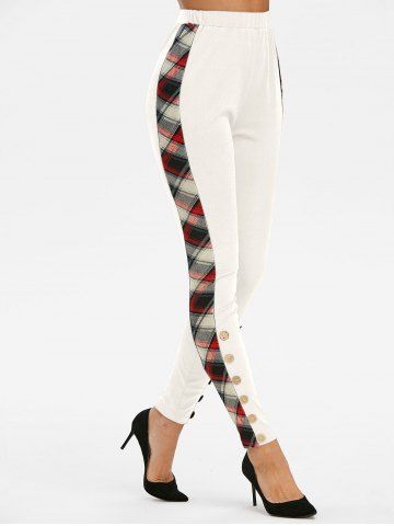 

High Waist Plaid Button Leggings, Natural white
