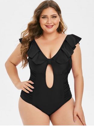 Plus Size 1950s Flounce Ruched Low Back Tied Plunge Swimsuit
