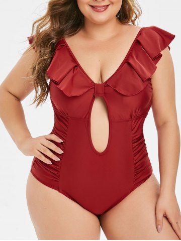 Plus Size 1950s Flounce Ruched Low Back Tied Plunge Swimsuit - RED WINE - 3X