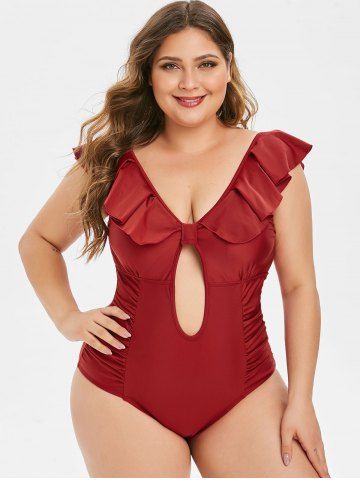 Plus Size 1950s Flounce Ruched Low Back Tied Plunge Swimsuit