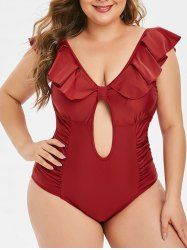 Maillot de Bain d'Années 1950 Plongeant Noué au Dos Bas de Grande Taille à Volants - Rouge Vineux 3X