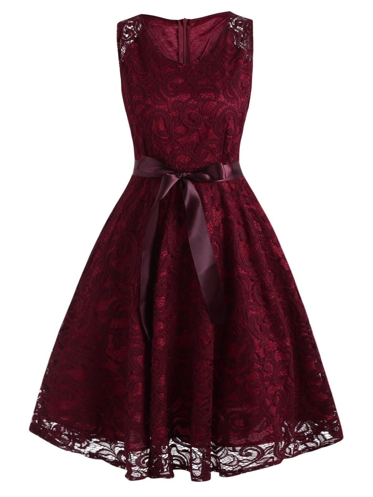 

Belted Back Zipper Sleeveless Lace Dress, Red wine