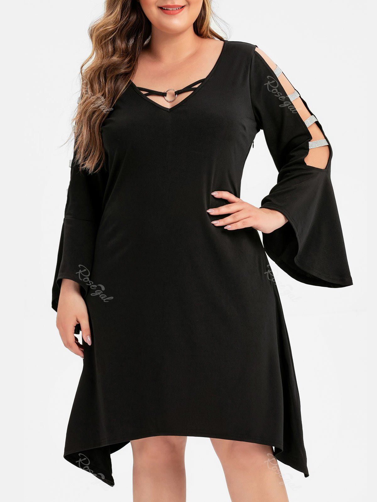

Plus Size Asymmetric Flare Sleeve Ladder Cut Dress, Black